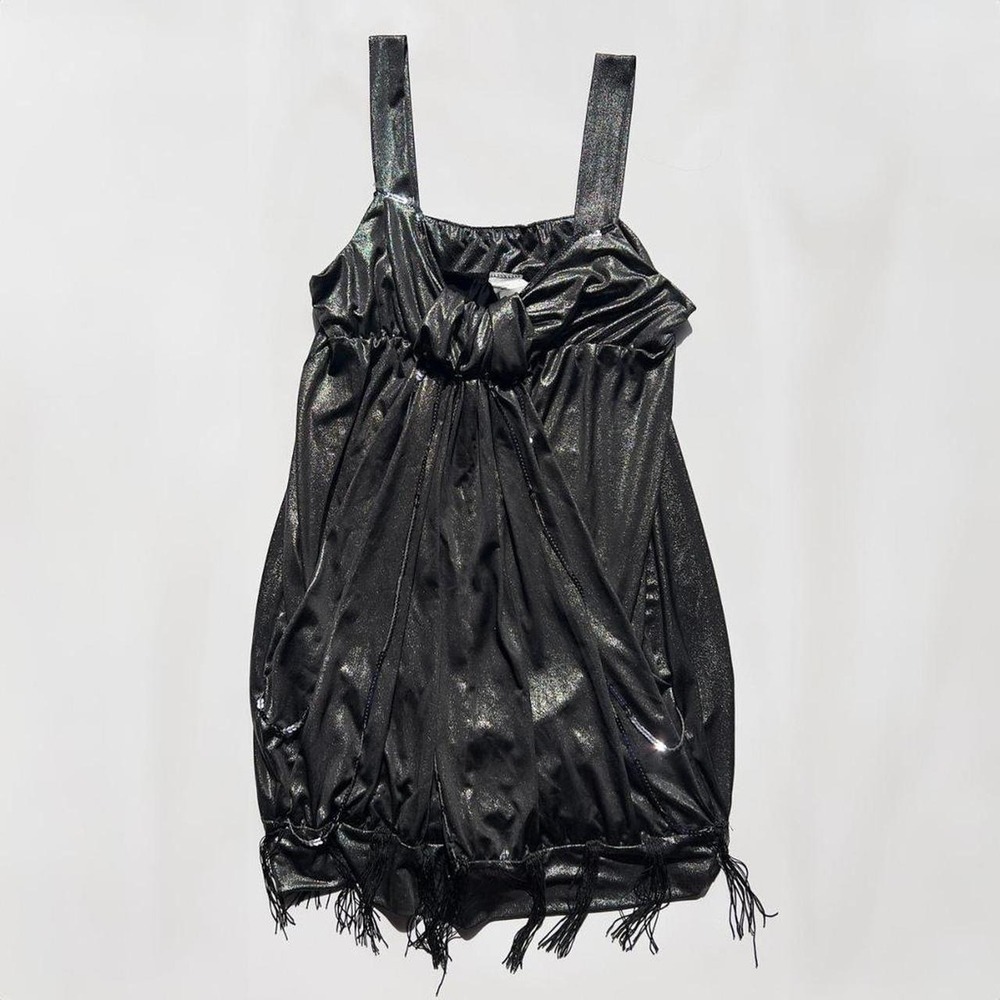 Y2K Metallic Silver Mini Dress with Tassels and Sequins